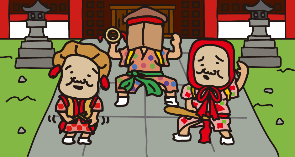Three people, Tsuburosashi, Sasarasuri, and Zenidaiko, who appear in a strange festival on Sado Island.