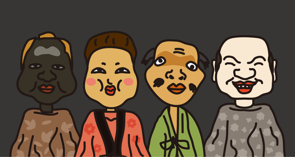“Noroma Ningyo” of Sado Island, The characters are four puppets. From left side, a good-natured man “Shimo no Chojya”, a woman wantonly fond of men “Ohana”, an honest but foolish “Kinosuke” and a grabby and mean “Busshi (A Buddha statue maker)”.