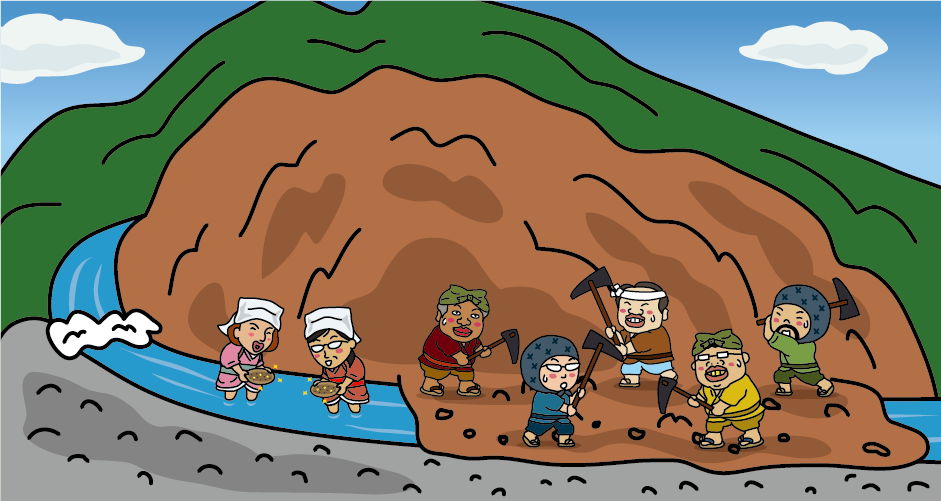 “Nishimikawa Placer Gold Mine” Image of the gold dust mining method, "Onagashi" 