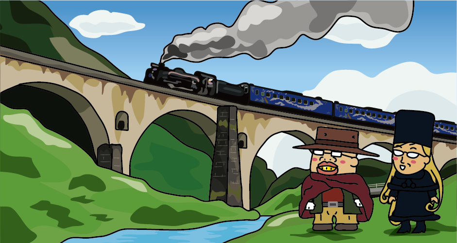 小説『銀河鉄道の夜』岩手軽便鉄道時代の朽ちた石造の橋脚が一部残っている遠野市の「めがね橋」と蒸気機関車のイラスト