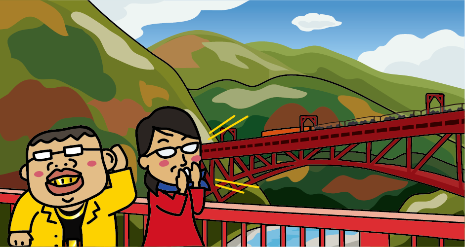 赤い鉄橋「新山彦橋」を渡る黒部峡谷鉄道トロッコ列車のイラスト