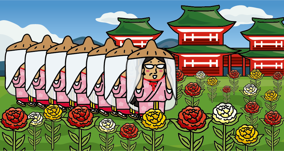 小野小町と芍薬の花と小町堂（小町まつり）のイラスト
