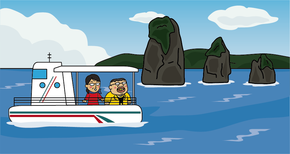 Illustration of Saburo-iwa Rocks of Oki (Nakanoshima) observed from the underwater viewing boat “Amanbow” 