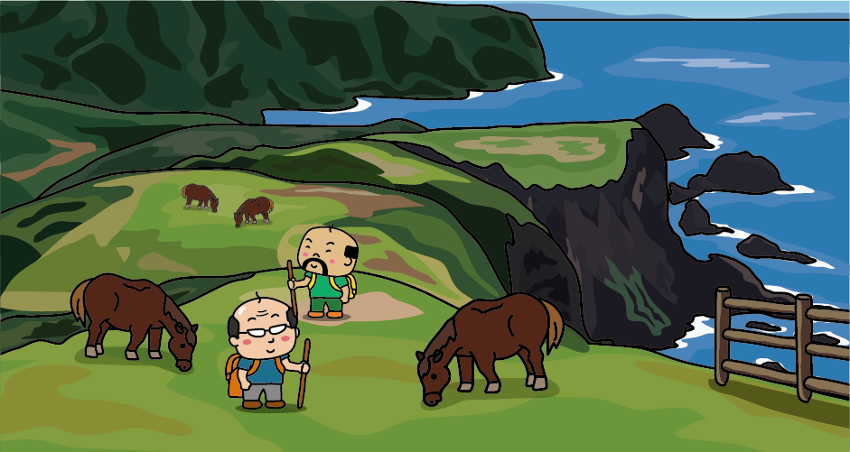 Illustration of the “Matengai Cliff” along the Kuniga coast of Oki (Nishinoshima) and horse grazing near the “Matengai Cliff”