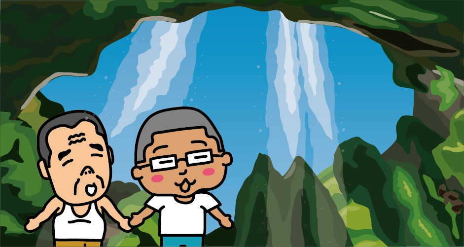 島後には「日本の滝百選」「日本名水百選」にも選ばれている「壇鏡の滝（だんぎょうのたき）」があります。屏風のような岩壁に壇鏡神社があって、壇鏡神社の両側には落差約40mの2つの滝が流れています。向かって右側が雄滝、左側が雌滝で、社殿の横を通って雄滝の裏側から滝を見ることができる「裏見の滝」になっています。