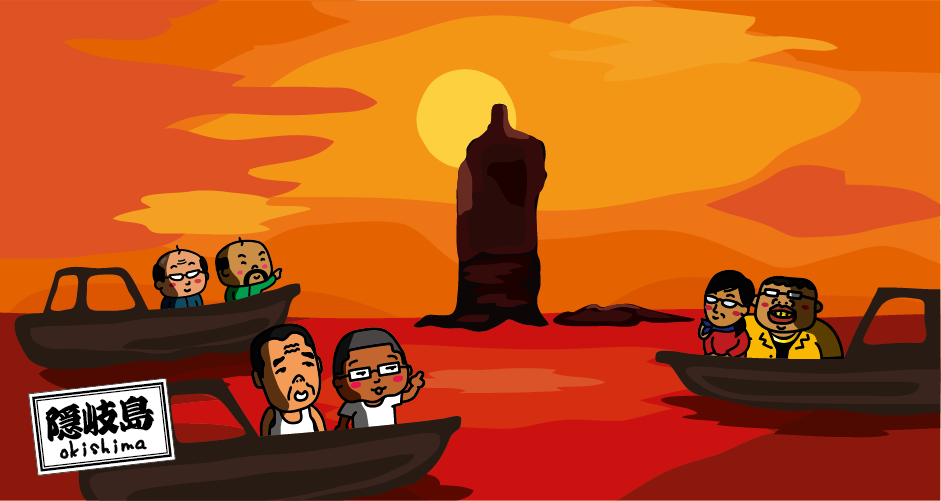 Oki Island (illustration of Rosoku-jima and sunset)