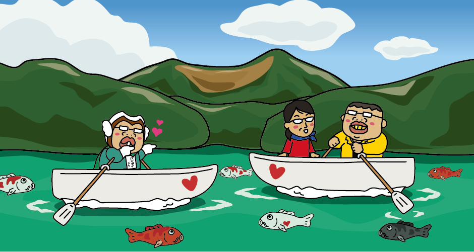 Illustration of a rental boat in Lake Goshiki-numa (Lake Bishamon-numa) in the Ura Bandai area