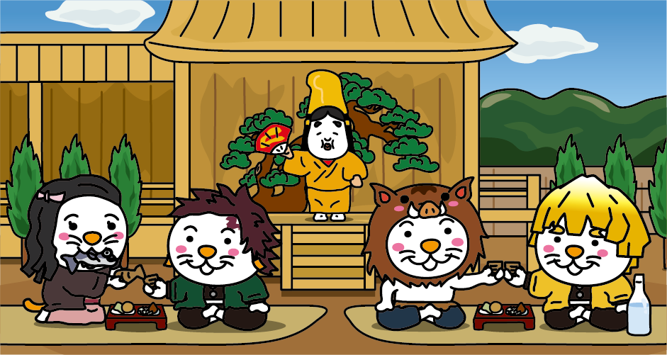 “Sado Island” Illustration of Takigi Noh being performed on the Noh stage