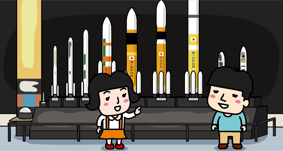 Models from the N-I rocket to the H-IIB rocket on display at the JAXA Tsukuba Space Center Space Dome