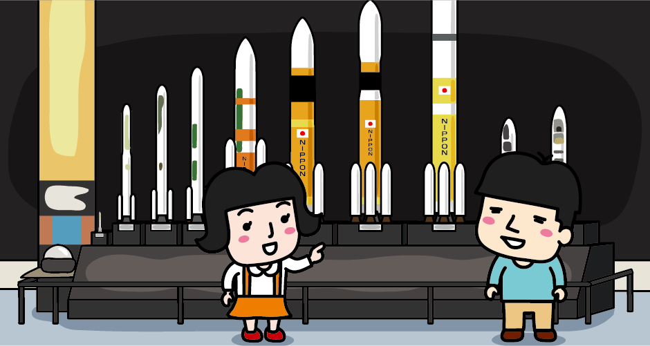 JAXA筑波宇宙センターのスペースドームに展示されているN-IロケットからH-IIBロケットまでの模型のイラスト