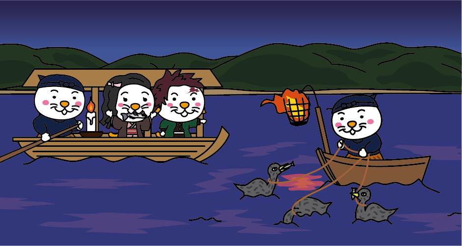 小瀨鸕鶿捕魚及屋形船插畫