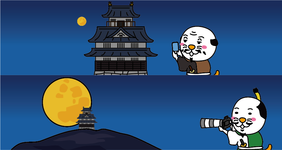 岐阜城と月　望遠レンズによる圧縮効果の説明図