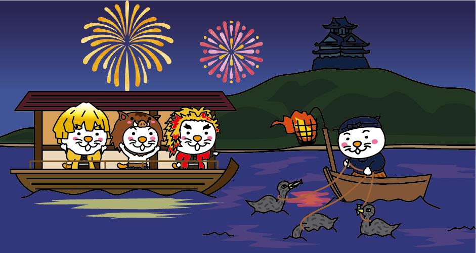 長良川鸕鶿捕魚及屋形船插畫