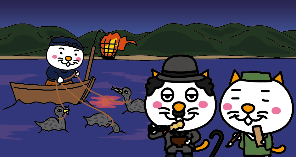 長良川鸕鶿捕魚“松尾芭蕉和卓别林”插畫