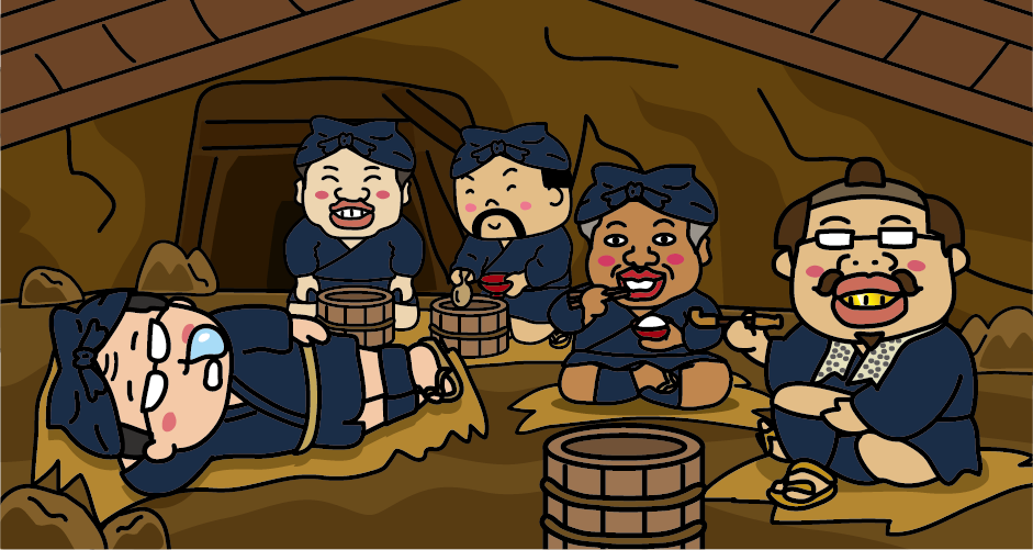 “The Sado Gold Mine” Illustration of Kanahori carpenters taking a break